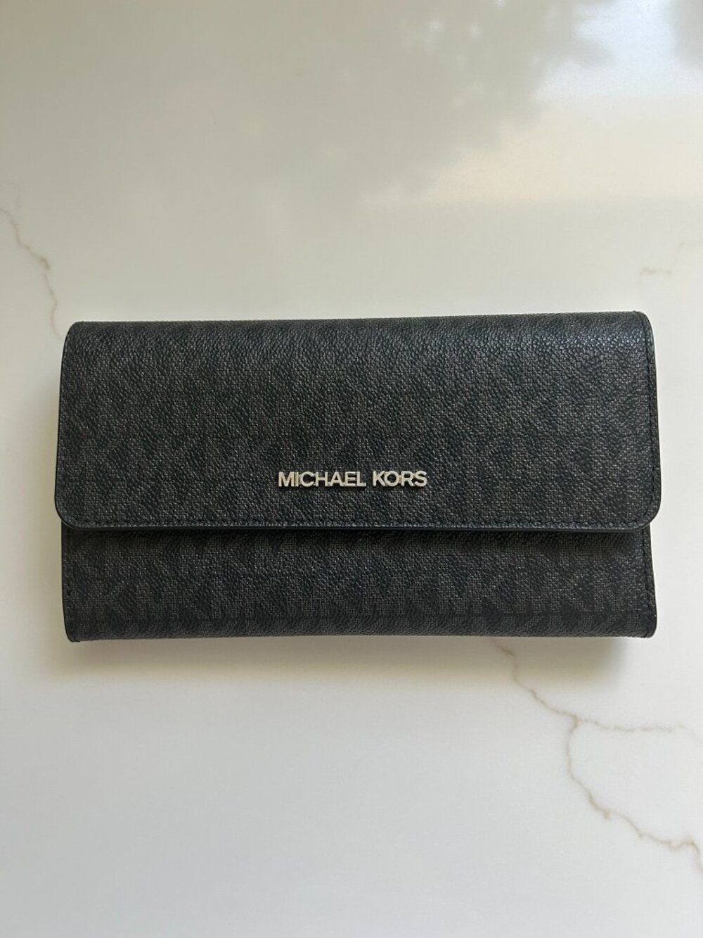 Michael Kors Large Tri-Fold Wallet - Black Signature Logo Coated Canvas